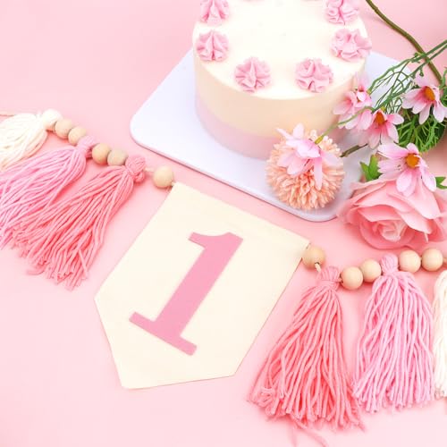 Image of One High Chair Banner for 1st Birthday Decoration Girls, Pink Tassel Banner for 1st Birthday Photo Backdrop Decor