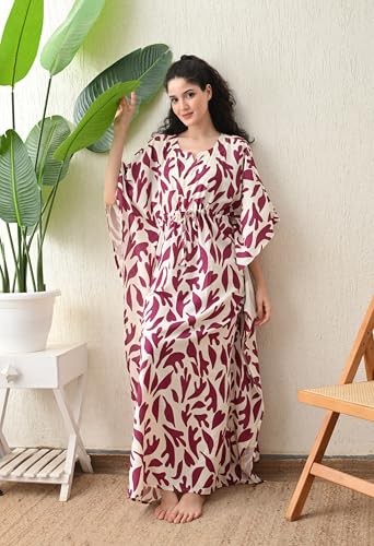 Image of Ichaa Women's Pink Rayon Printed Round-Neck Kaftan-Style Free Size Nighty with Drawstring