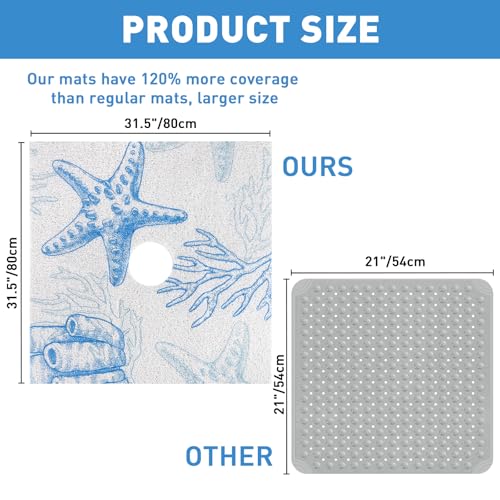 Image of Square Shower Mat Non Slip: 32 x 32 Inch Extra Large Shower Mats with Drain Hole in Middle - PVC Loofah Anti Slip Shower Floor Matt for Inside Shower