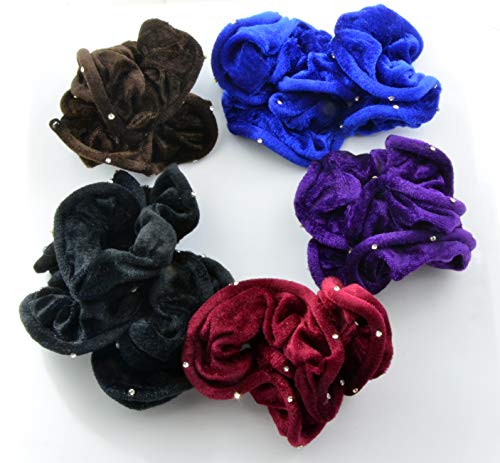 12 Pcs Large Colorful Velvet Elastics Scrunchies, Hair Ties for Women and Girls – Multiple Colors (5-Color with Crystal - 12 Pcs)