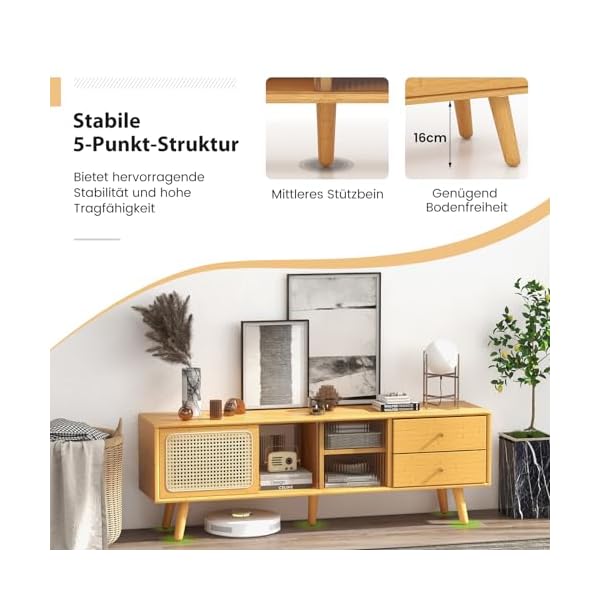 COSTWAY TV Schrank Bambus, TV Lowboard mit Rattan- & Glasschiebetüren, Fernsehtisch mit 2 Schubladen, Fernsehschrank für TVs bis 65 Zoll, für Wohnzimmer, 140 x 31 x 45,5 cm – Bild 4