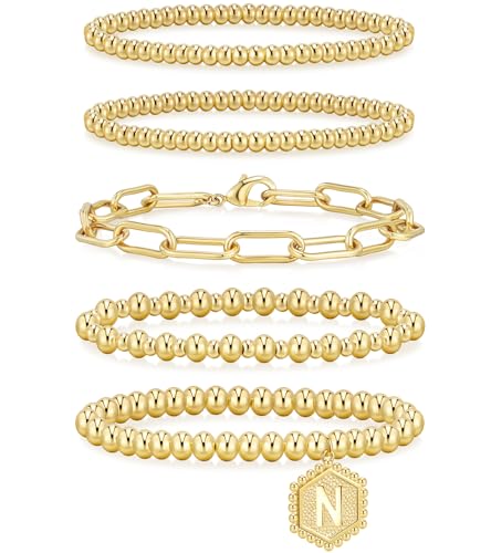 adoyi Gold Beaded Bracelets for Women, 14K Gold Plated Bracelet Stack Dainty Initial Stackable Stretch Bead Ball Letter N Strand Bracelet Set Adjustable Jewelry Sets Gift for Women