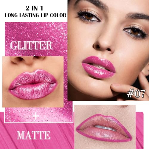 Image of evpct Hot Pink Metallic Glitter Lip Liner and Lipstick Combo Lip Gloss Stain Set Makeup for Women Long Lasting Waterproof 24, Rose Pink Frosted Metallic Shimmer Glossy iridescent Liquid Lipstick 07