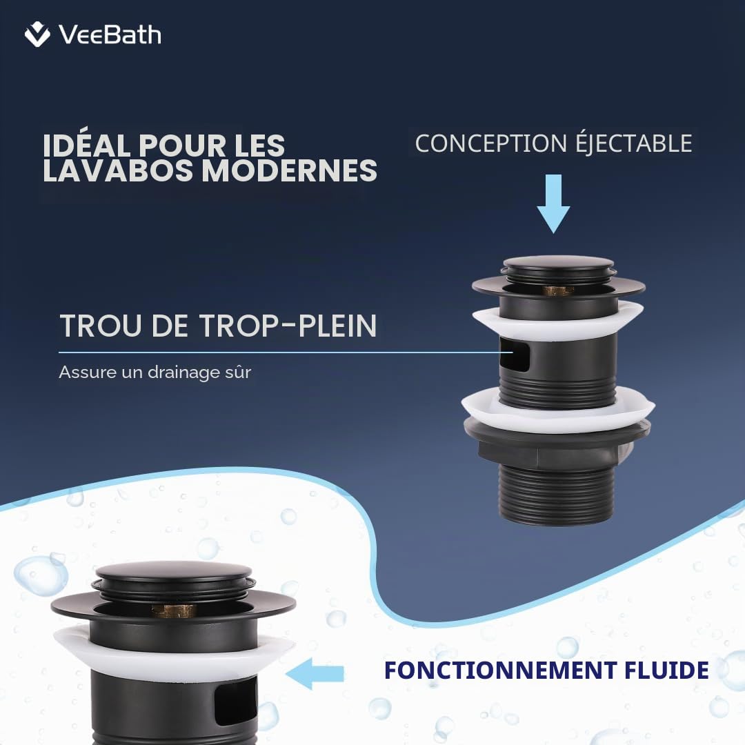 VeeBath Stream Robinet mitigeur de lavabo rond cascade mono, finition noire mate, levier unique, robinet d'évier moderne avec bonde de vidage, robinet de salle de bain monté sur le plateau, design