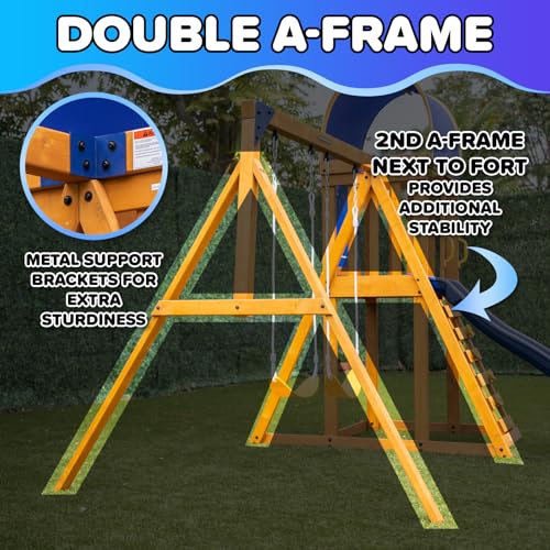 Sportspower Amelia Galaxy Cedar Wooden Swing Set for Night Play with 2 LED Swings, Play Fort with Sandbox, Heavy Duty Double A-Frame, on 6ft LED Slide, Bonus Anchor Kit - Thumbnail 2
