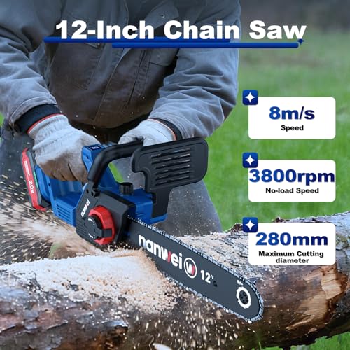 Image of NANWEI 12 Inch Chainsaw Cordless, 20V Brushless Motor, 2x4.0Ah Batteries and Charger, Auto Oiling, Tool-Less Adjustment, Lightweight Electric Chainsaw for Tree Pruning, Branch Cutting, Extra Chain