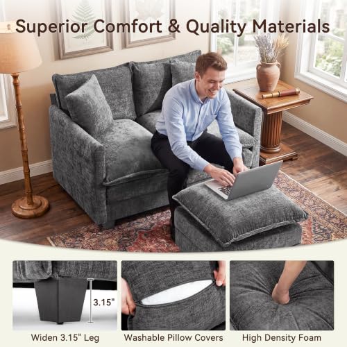 Image of 50 inch Loveseat Sofa with Ottoman, Cloud 2-Layer Cushion & 27 inch Deep Seat, Modern Love Seat Small Couch with 2 Washable Pillows for Small Spaces, Bedroom, Apartment, Office, Living Room, in a Box, Grey