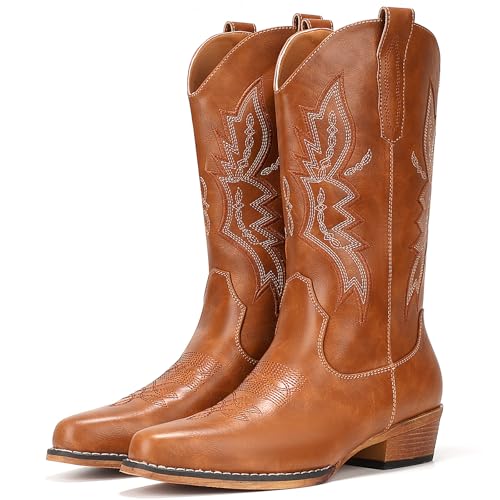 Image of IUV Cowboy Boots for Women Mid Calf Pull-On Cowgirl Boots