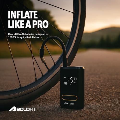 Image of Boldfit Tyre Inflator for Car Portable Digital Air Pump for Car Bike Tyres Upto 150 Psi 2000mAh*2 Battery Cars Air Pump for Tyres Rechargeable with C Type, USB Port, Led Flash 6 Months Warranty