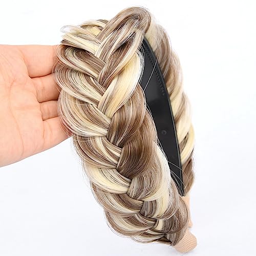 GLEDOLA Wide Messy Braided Headband with Teeth Synthetic Hair Plaited Headband High Elasticity Braids Chunky Fishtail Braided Hair Band Hairpiece for Girls Women (Light Highlighted) - Image 4