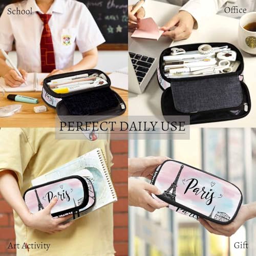 Image of Yekiua Eiffel Tower Pencil Holder Vintage Romantic Paris Flower Love Heart Big Capacity Pencil Case Multi-Purpose Makeup Pouch For Office College Adult Pink