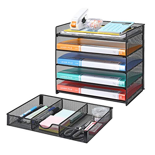 Veesun Paper Letter Tray Organizer, Mesh Desk File Organizer with a Sliding Drawer and 4 Tier Shelf Sorter,Black