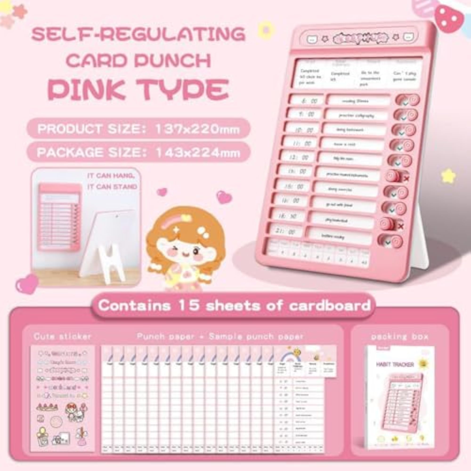 Habit Tracker Daily Planner Checklist Board with 15 Reusable Cards