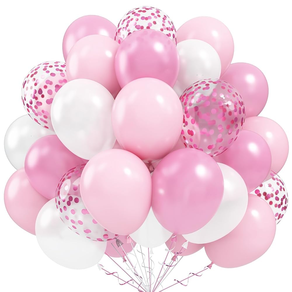 Balloons Pink and White, 60 Packs 12 Inch Light Pink White Balloons with Confetti Balloons for Birthday Party Decorations Girl Women, Wedding, Christening Baby Shower Party, Bridal Shower