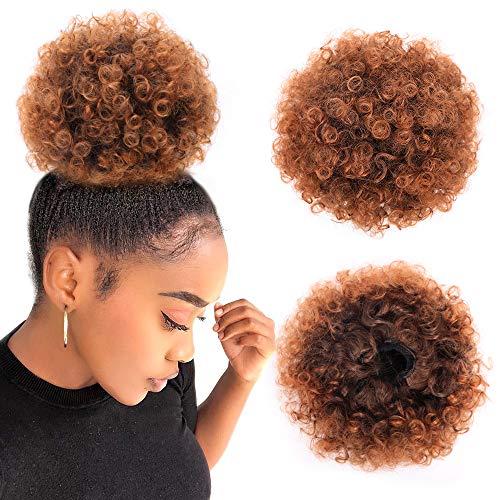 K&G HAIR Afro Kinky Curly Ponytail African American Short Curly Puff Drawstring Ponytail Synthetic Puff Ponytail Warp Updo Hairpiece with 2 Clips(1B/30#)