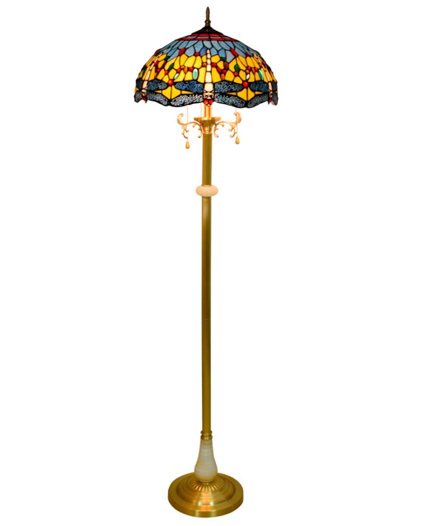 IUokLU Tiffany Style Floor Lamp Standing Light W16 H63 Inch Dragonfly Shade 3 Light Antique Copper Base for Bedroom Living Room Reading Lighting with Jade Decor,E27,40W,A (B)