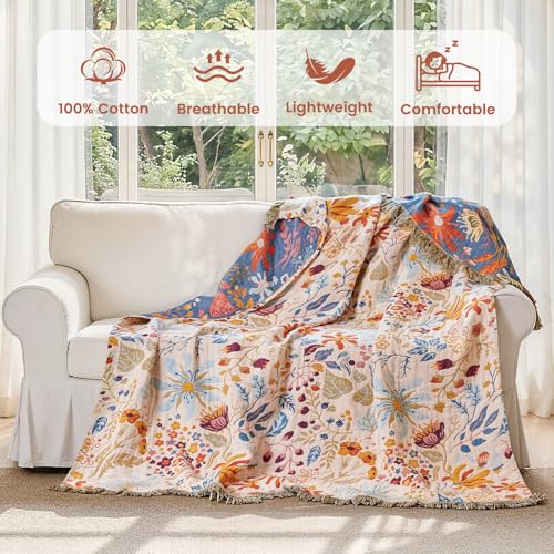 Image of MSGKV Boho Throw Blanket 50 inchx60 inch 100% Cotton Floral Blanket Couch Decor