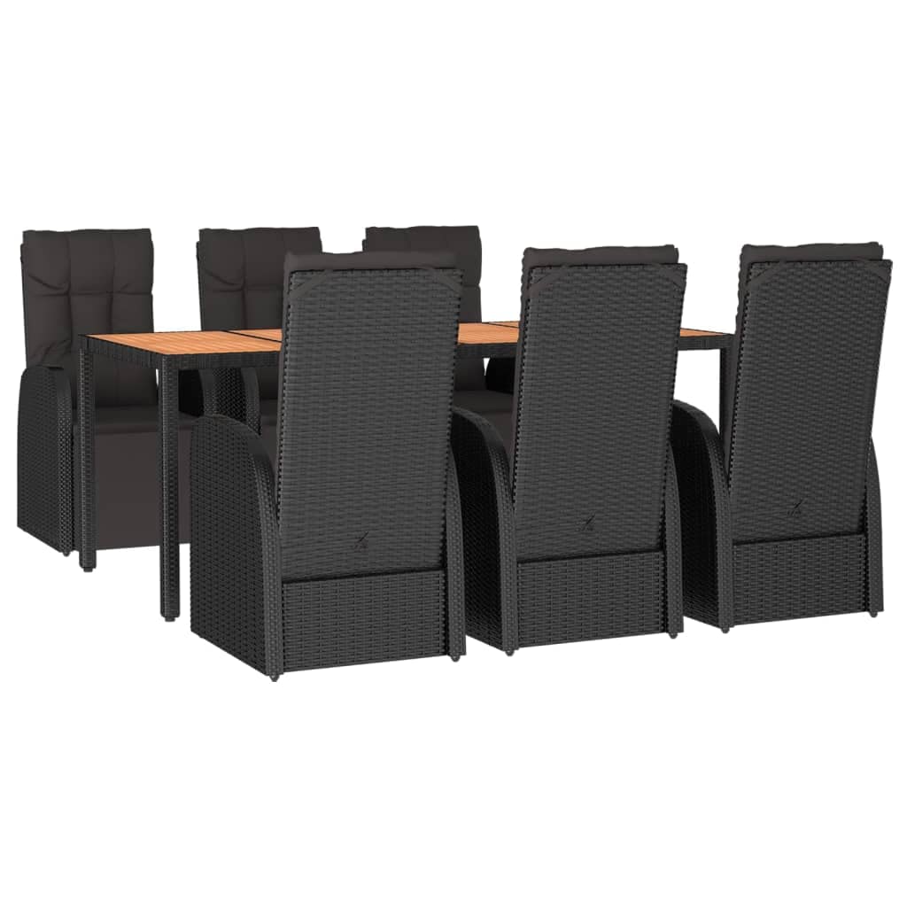 Muebles de jardín para exteriores, mesa y sillas de balcón de 7 piezas, juego de comedor de jardín de poliratán negro y madera maciza de acacia