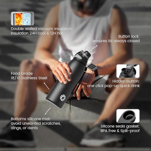 Image of Fjbottle Insulated Stainless Steel Water Bottle, 32 Oz Leakproof Water Bottles, Ice Reusable Tumbler, Double Wall Vacuum Jug, Lightweight Durable for Traveling & Sports, Workout, Blackgray