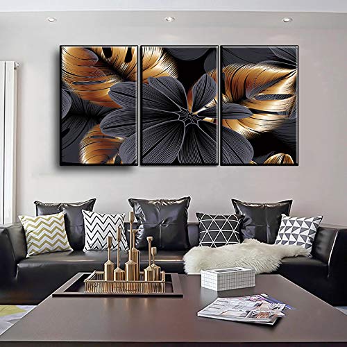 Peinture HD sur toile feuilles dorées triptyque mural moderne