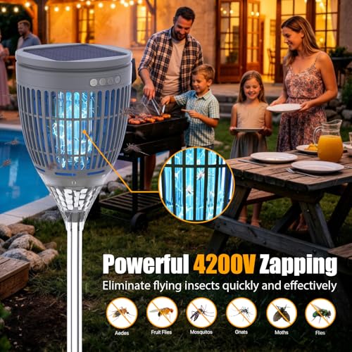 Image of Rossetta Solar Bug Zapper Outdoor, Fly Zapper with Flame & Projector Light | 4200V Shock Grid, Solar & USB Charging, IPX5 Waterproof, Auto Mode, Cordless Electric Mosquito Killer for Patio, Garden