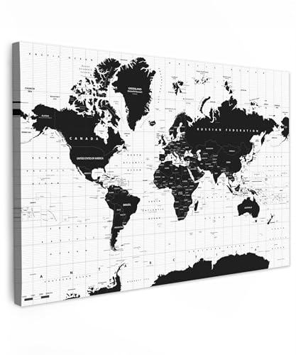 MuchoWow© Quadro Moderno Soggiorno 90x60 cm Decorazioni Da Parete Quadri Su Tela Da Salotto Grandi Foto Con Cornice Camera Da LettoMappa del mondo - Nero - Bianco - Atlante - Terra - Didattica