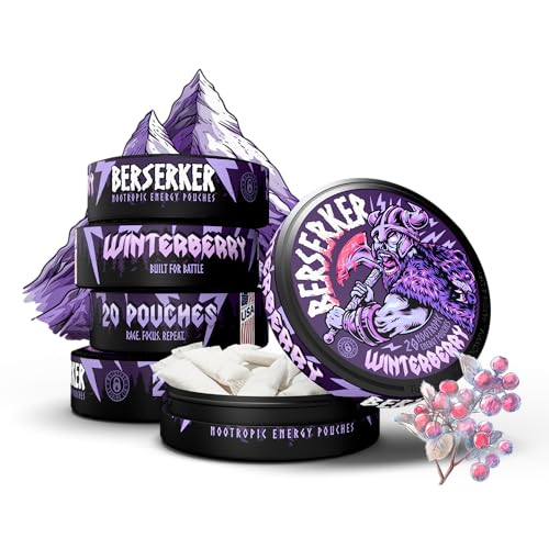 Berserker Focus Pouches - Winterberry - Caffeine Infused - 100mg Per Pouch - Nootropic Enhanced - 5 Pack - Tobacco & Nicotine Free - Energy Drink Replacement