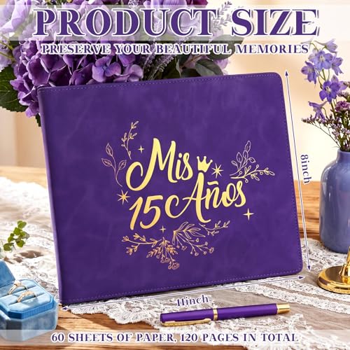 Image of MotiMind Quinceanera Guest Book with Pen 11 x 8 Inch Libro De Firmas Para 15 Anos Quinceanera Leather Hardcover Signature Guest Sign in Book for 15th Party Favors Decoration(Dark Purple,Vintage)