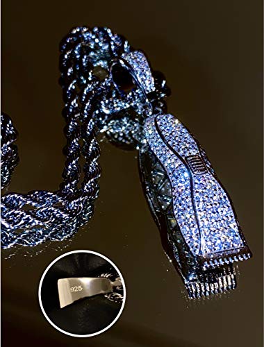 Men Women 925 Italy Iced Silver Iced Barber Razor Charm Ice Out Pendant Stainless Steel Real 2 mm Rope Chain Necklace, Mens Jewelry, Iced Pendant, Rope Necklace3