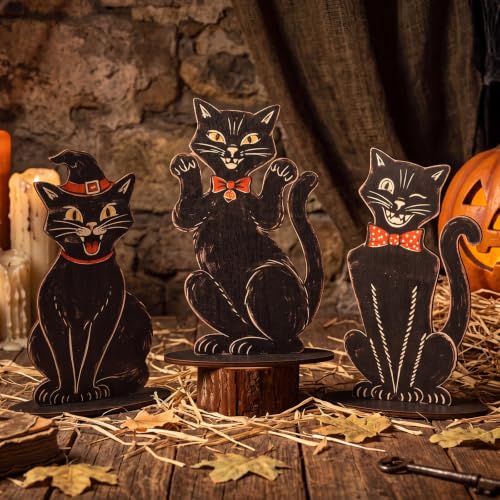 Winnerwhy 3 Pcs 9 x 6 Inch Vintage Halloween Decor Black Cat Table Decor