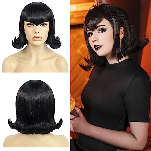 HUNIGIR Black Bob Wig 60s Black Flip Wig Short Black Cosplay Hair for Girls Women Synthetic Hair for Halloween Costume