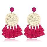 Rattan Earrings For Women Girls Bohemian Lightweight Layered Tassel Earrings Handmade Weaving Wicker Straw Texture Stud Drop Dangle Earrings (Rose red)