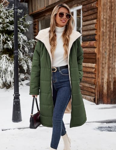 Vancavoo Wintermantel Damen Lang Winterjacke Warm Gefüttert Winterparka Winter Jacke Mantel Parka Steppmantel Daunenmantel mit Kapuze,Armee Grün,L