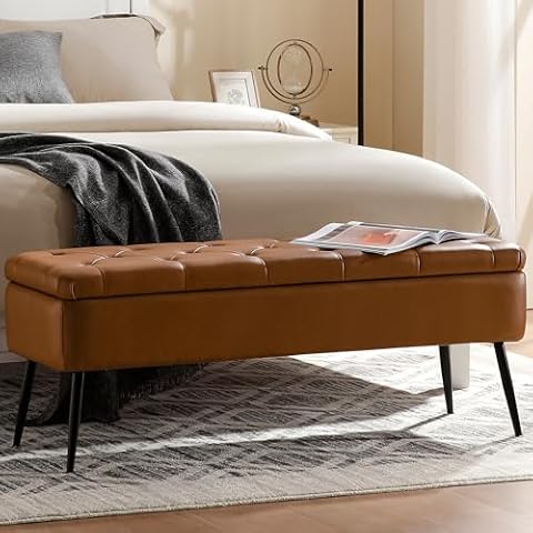 kinmars Leather Storage Ottoman Bench,End of Bed Bench for Living Room Bedroom Dinning Room Entryway,Mid-Century Modern, with Steel Legs,Safety Hinges, Loads 660 lb (with Button, Brown) Cover