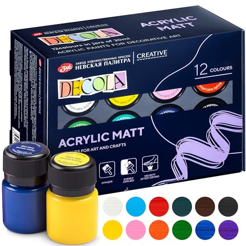 Decola Set Matt Acrylfarben | 12x20ml Flaschen | Malen und Gestalten auf jeder Oberfläche | Hergestellt von Nevskaya Palitra