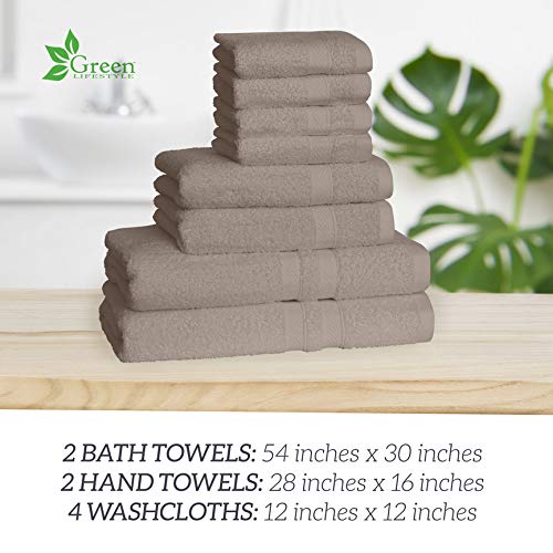 Green Lifestyle Luxurious 8 Piece 100% Pure Cotton 600 Gsm Towel Set, Premium Quality Super Soft Highly Absorbent- 2 Bath Towels, 2 Hand Towels And 4 Washcloths (Taupe) #TOP30