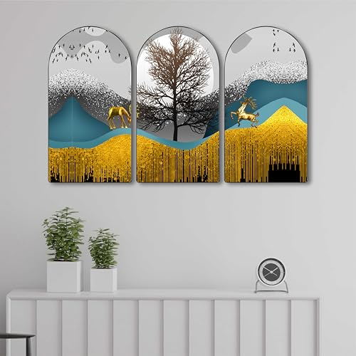Image of Livin'luxe Golden Deer Abstract Wall Art 3 Panel Set | Modern Nature-Inspired Painting on MDF | Elegant Wall Hanging for Living Room Bedroom Office Home Decor (30 x 50 Inch) RPNL-77
