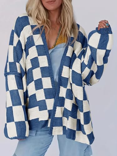 Saodimallsu Womens Checkered Oversized Cardigan Sweaters Color Block Chunky Open Front Lantern Sleeve Plaid Knit Coats2