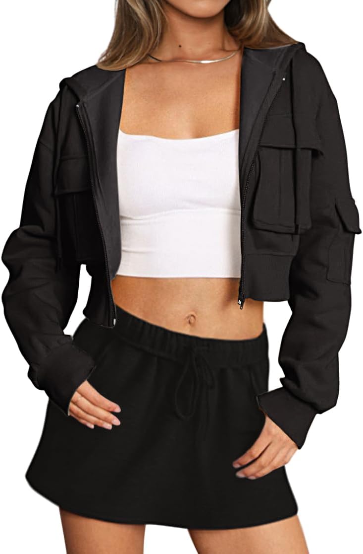 LASLULU Women’s Zip Up Hoodies Sweatshirts Fleece Cropped Hooded Sweatshirts Zip Jackets 2025 Fashion Trendy Fall Outfits