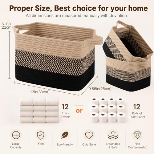 Image of OIAHOMY Cotton Rope Storage Baskets for Organizing Black & Brown 3-Pack