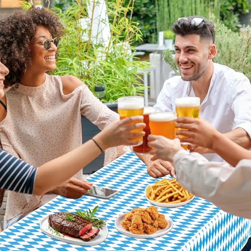 Image of 4 PCS Oktoberfest Decoration, 54 X 108 IN Blue White Checkered Plastic Oktoberfest Tablecloth, Disposable Rectangular German Theme Table Supplies, Bavarian Tablecover, Beer Tablecloth for Party Picnic