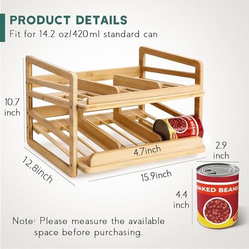Yumkfoi Rolling Bamboo Can Organizer Rack, Stackable Double-Layer Can Organizers and Storage For Pantry, Canned Goods Holder Dispenser For Countertop Kitchen Cabinet or Pantry Shelf - Thumbnail 5