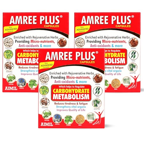 Image of AIMIL Amree Plus Capsules - 20 Capsules | Ayurvedic Nutrient Supplement for Carbohydrate and Lipid Support | Natural Herbal Formula with Gudmar & Karela to Help Manage Tiredness & Fatigue (Pack of 3)