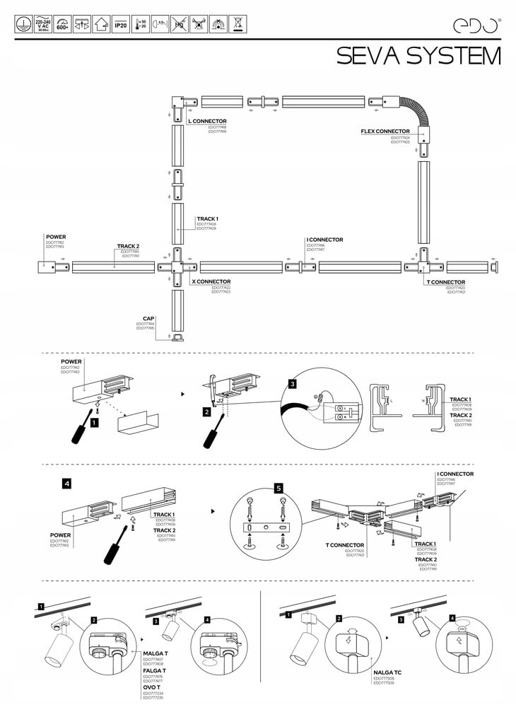 EDO - Sistema SEVA - Conector Flexible para Carril de Techo Negro - Extensión Flexible para Riel de Iluminación Monofásico - SEVA Flex Connector Black, IP20 Iluminación en Carril