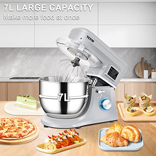 Vevor Stand Mixer, 660W Electric Dough Mixer With 6 Speeds Lcd Screen Timing, Tilt-Head Food Mixer With 7.4 Qt Stainless Steel Bowl, Dough Hook, Flat Beater, Whisk, Scraper, Splash-Proof Cover - Gray #TOP5