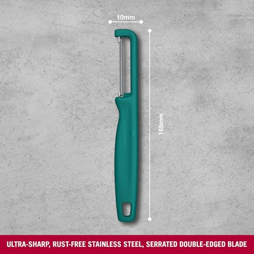 Image of Victorinox Swiss Made Stainless Steel Swiss Classic Double-Edge Iota Serrated Peeler for Professional and Household Kitchen, Green, Soft Skin Fruit & Vegetable Peeler | 6.0943.4