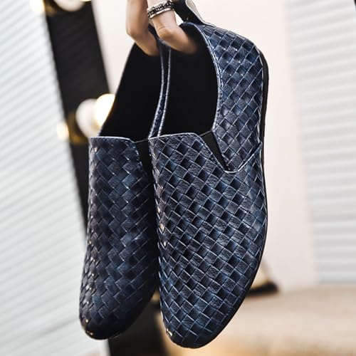 Men's Woven PU Leather Slip-on Loafers Black Casual Driving Moccasins Handwoven Breathable Comfort Outdoor Walking Shoes 6