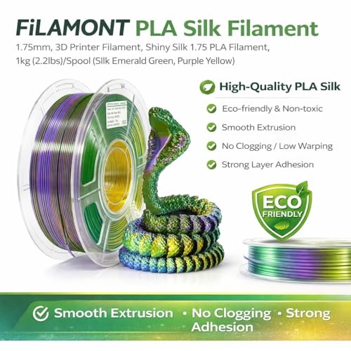 Image of FiLAMONT PLA Silk Filament 1.75mm, 3D Printer Filament, Shiny Silk 1.75 PLA Filament, 1kg(2.2Lbs) /Spool (Silk Emerald Green,Purple Yellow)