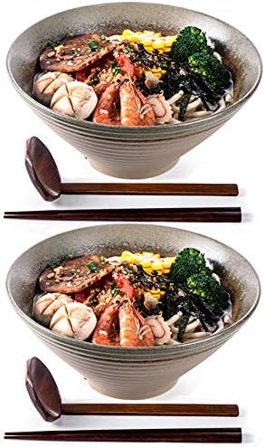 NJCHARMS Ceramic Ramen Bowls set, Noodles Soup Bowls, 2 Sets (6 Piece) 60 Ounce, Large Japanese Ceramic Ramen Bowl with Spoons and Chopsticks for Salad, Udon Pho Asian Noodles, Imitation pottery