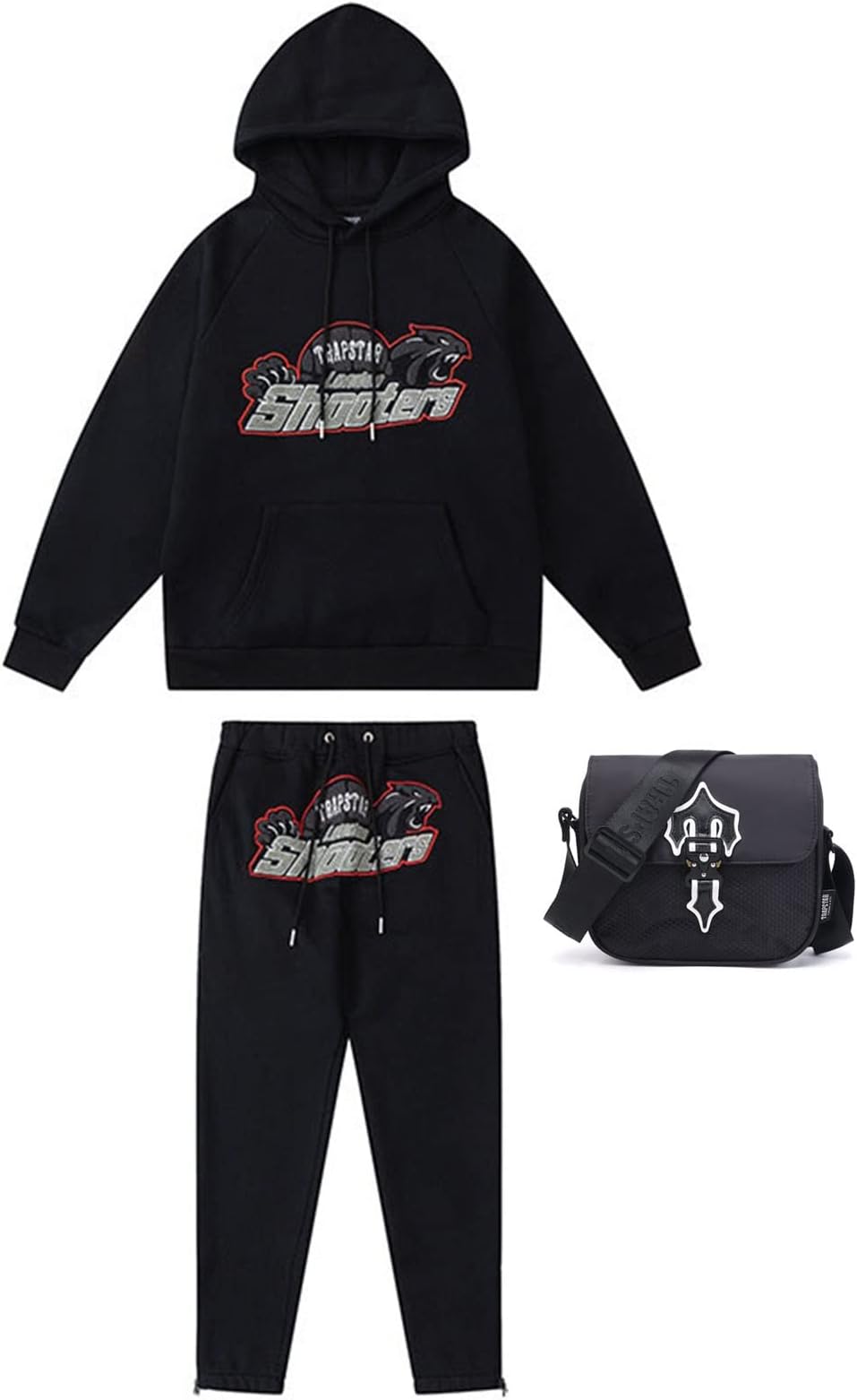 YOUPO Men's 2 Pieces Sweatsuit Embroidered Trapstar Sports Casual Tracksuit Long Sleeve Hoodie for Women Set Athletic Suits + Shoulder Messenger Bag (Color : Black c, Size : Small)